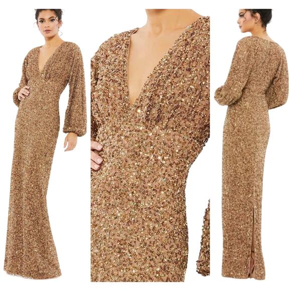 Mac Duggal NWT Brown Sequined Puff Sleeve Deep V Neck Gown Size 4 Long Sleeve - Picture 1 of 10